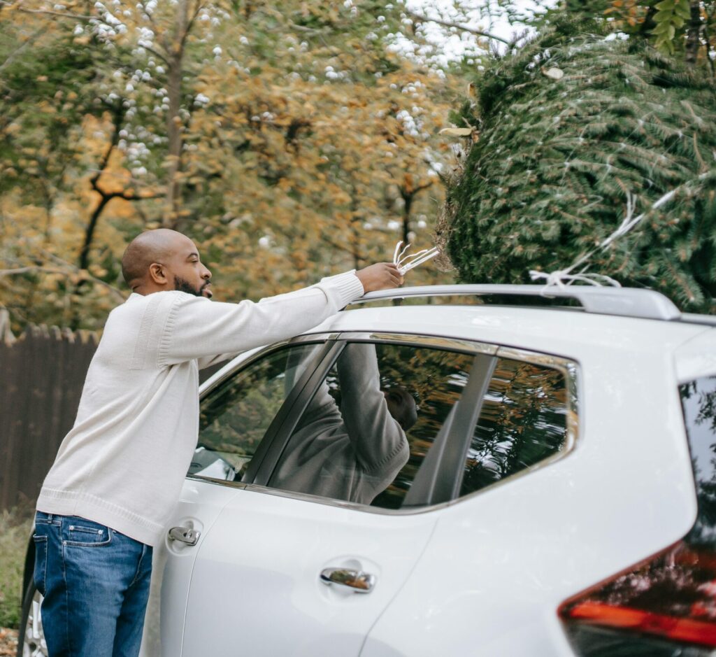 Man trying to fit tree on car roof