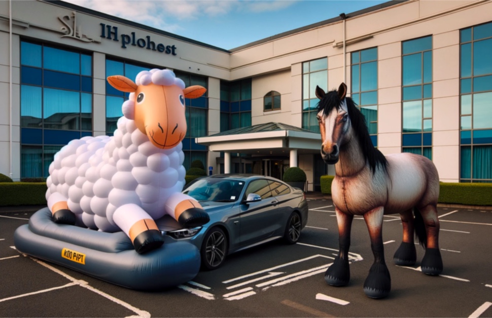 Inflatable Sheep and Real Horse in the Parking Lot