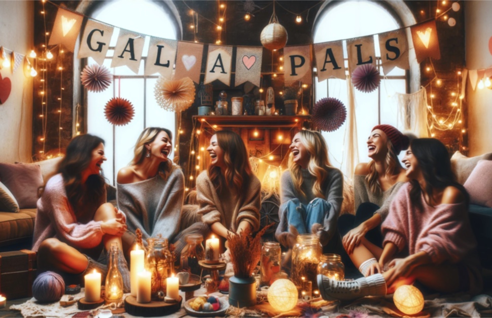 Friends gather for a vibrant, laughter-filled Galentine's Day brunch.