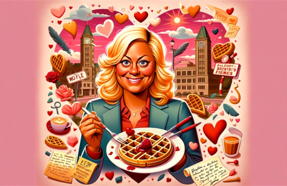 Leslie Knope, surrounded by Galentine's Day cheer and friendship.