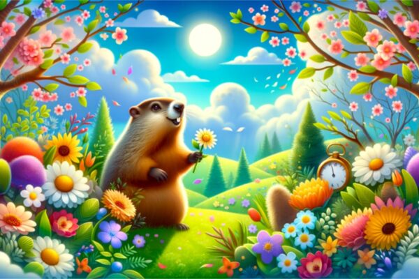 Punxsutawney Phil heralds an early spring, surrounded by vibrant spring signs.