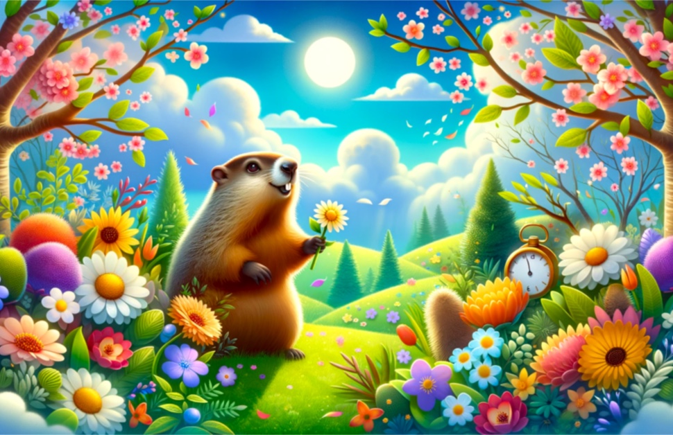 Punxsutawney Phil heralds an early spring, surrounded by vibrant spring signs.