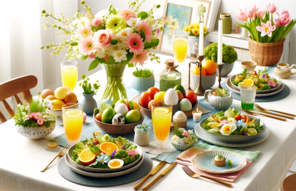 Spring dining table with seasonal dishes and light beverages.