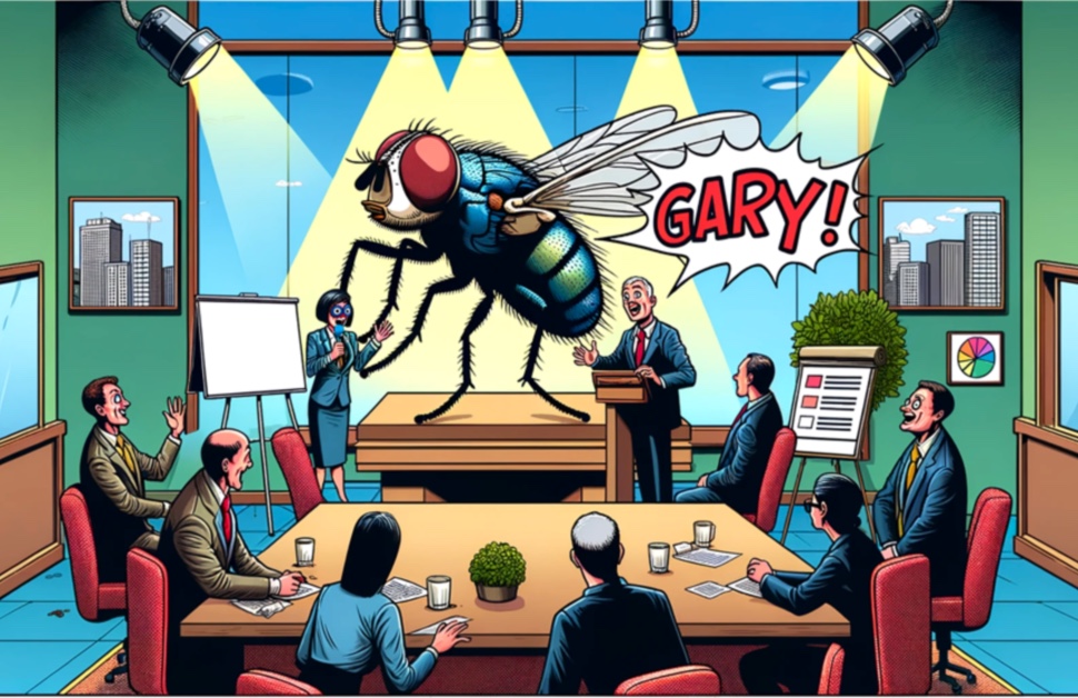 Gary the fly makes a dramatic entrance in the boardroom, spotlight and all.