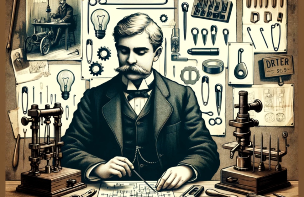 A vintage-style illustration of Walter Hunt working on his invention in his workshop.