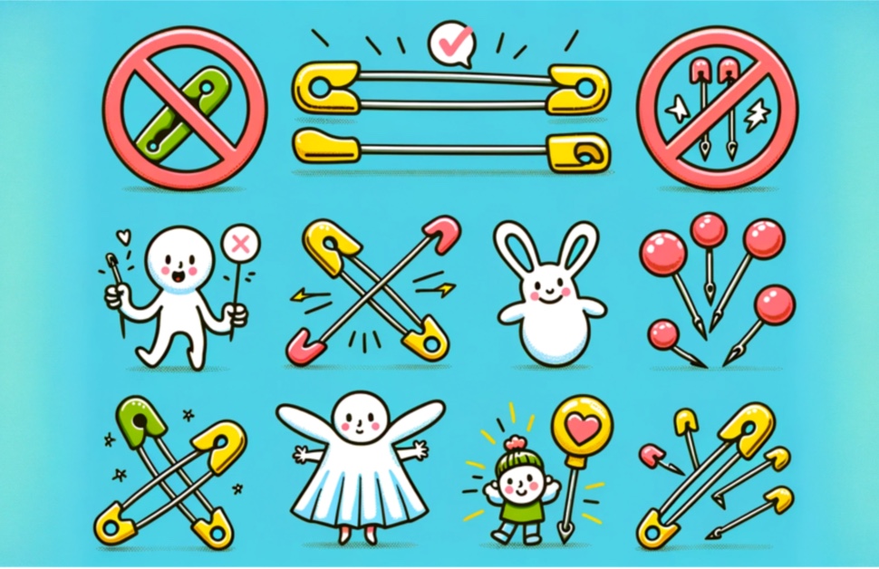 Safety considerations with safety pins, emphasizing keeping them away from children.