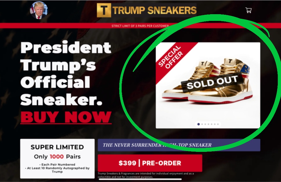 Screen grab of Trump’s Sneakers Website showing the high tops as “Sold Out”.