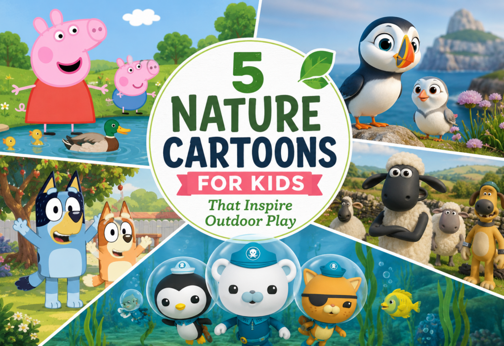 Nature cartoons for kids featuring Peppa Pig, Bluey, Puffin Rock, Shaun the Sheep and Octonauts encouraging children to explore wildlife and the outdoors.