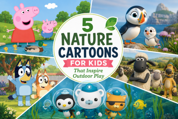 Nature cartoons for kids featuring Peppa Pig, Bluey, Puffin Rock, Shaun the Sheep and Octonauts encouraging children to explore wildlife and the outdoors.